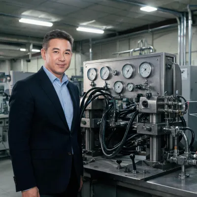VP Engineering beside hydraulic test bench