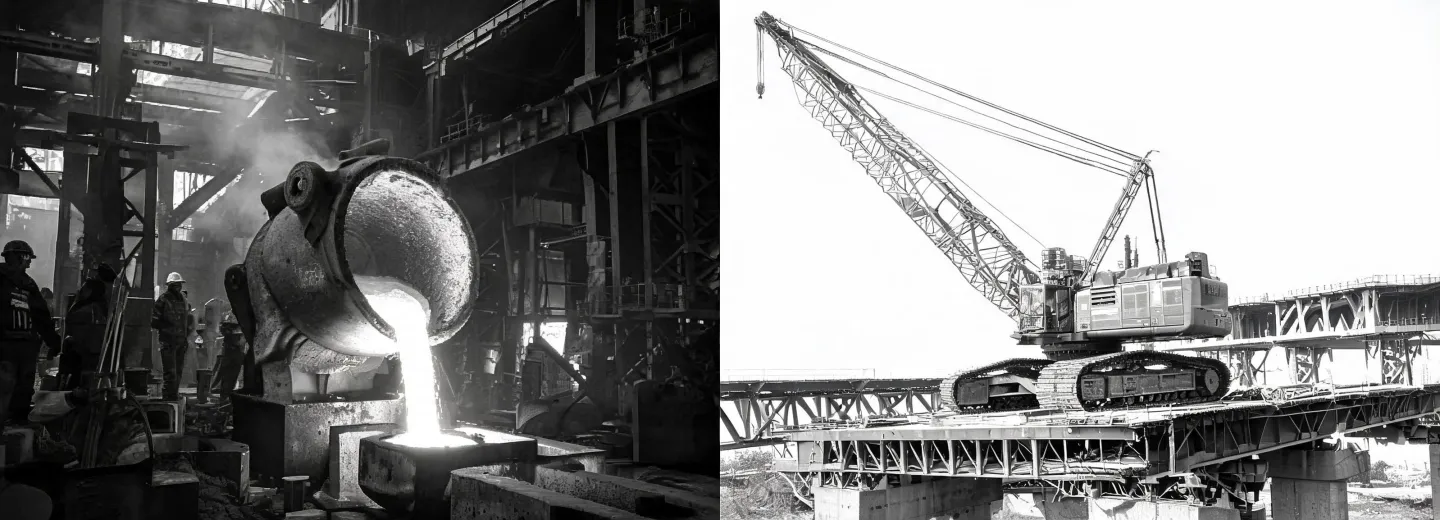 Historic foundry floor overlaid with modern crawler crane