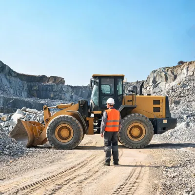 Quarry customer lead beside wheel loader