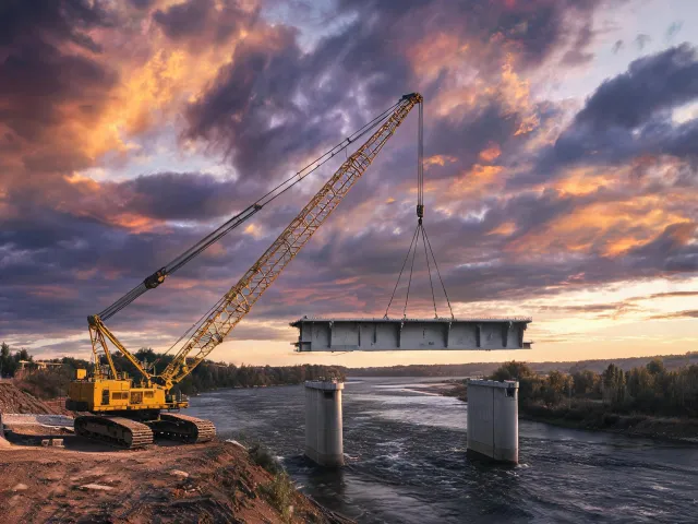 Crawler crane lifting precast bridge segment