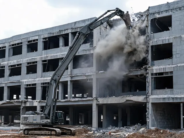High-reach demolition excavator on multi-story building