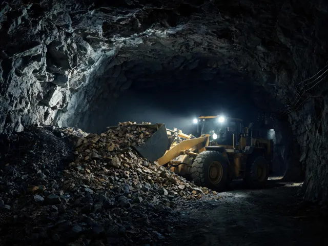 Underground LHD scooping muck pile in tunnel