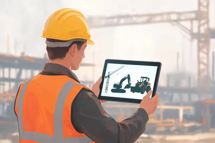 Site supervisor with tablet reviewing equipment silhouettes